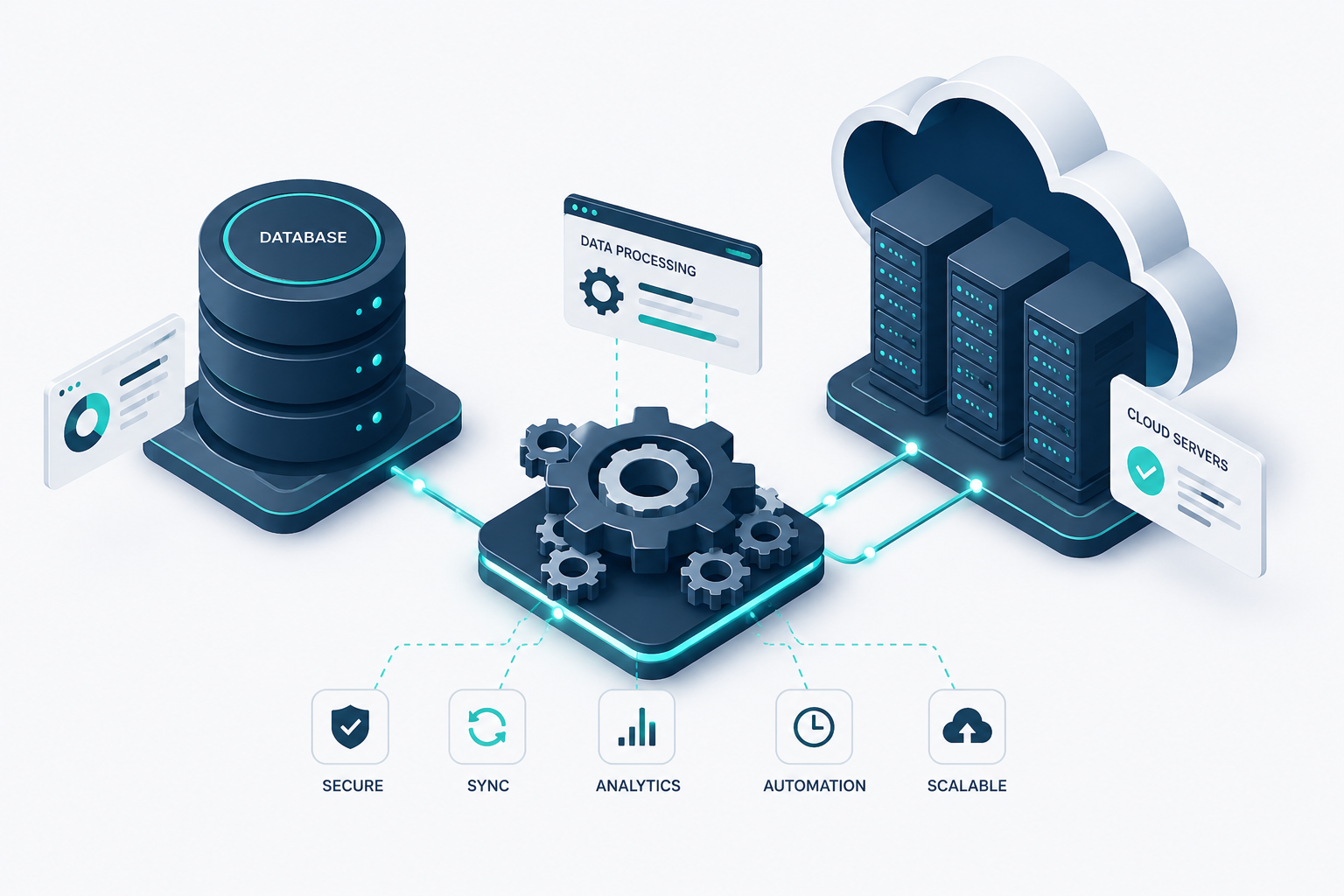 Una ilustración isométrica y limpia que muestre engranajes digitales conectando una base de datos con servidores en la nube, utilizando una paleta de colores corporativos (azul marino, gris pizarra y toques de verde azulado o cian).