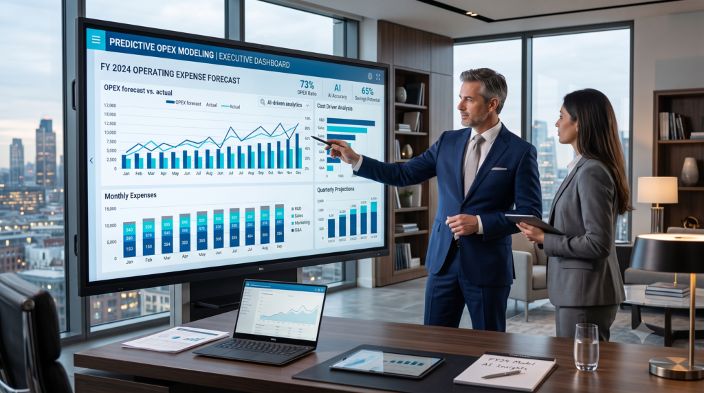 Un director financiero analizando un dashboard predictivo en una pantalla grande.